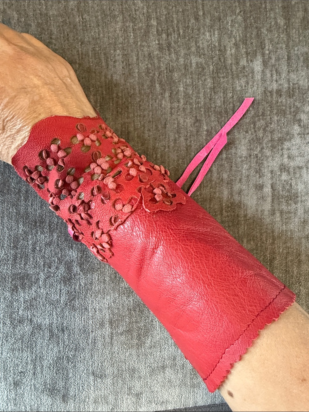 Red Leather Wrist Cuff with Floral Appliqué